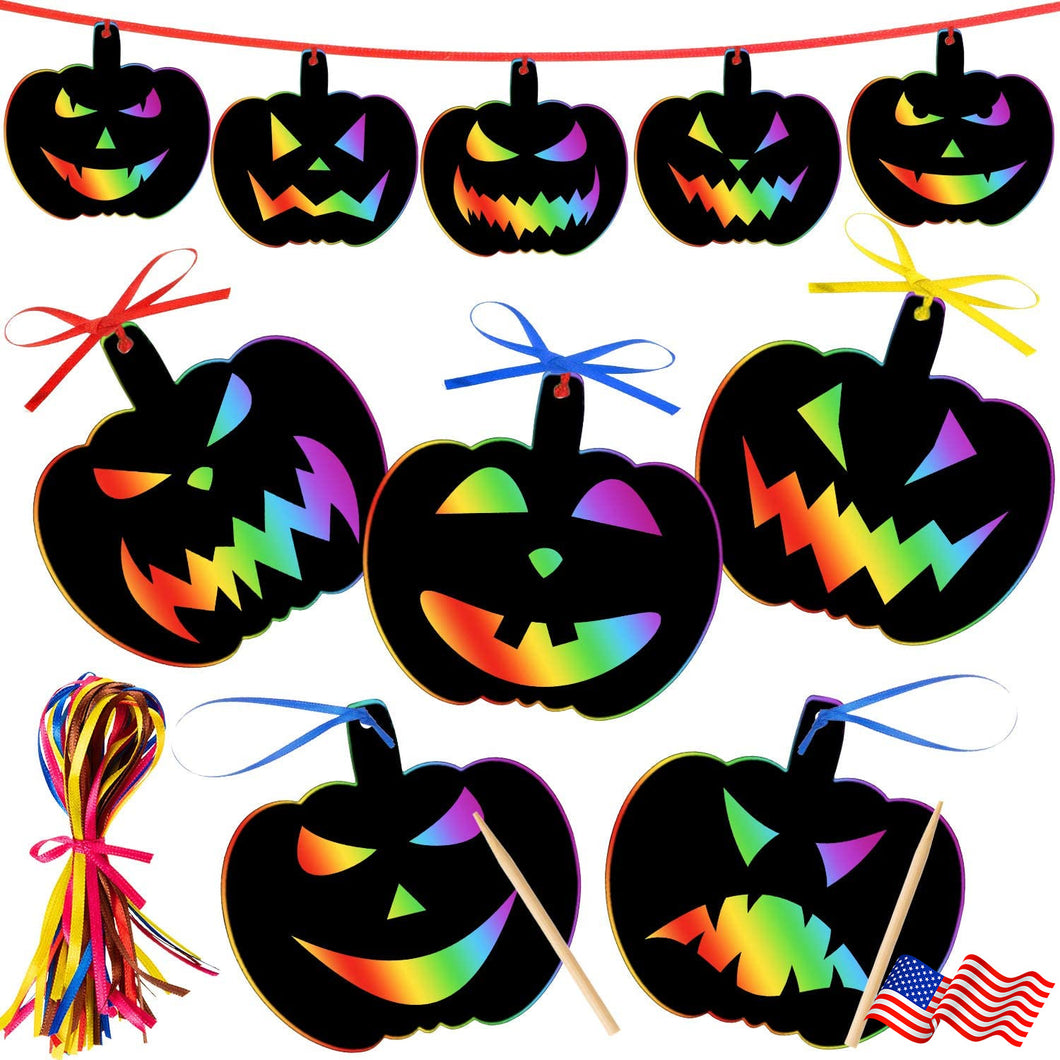 48Pcs Halloween Scratch Paper Rainbow Magic Scratch Art with 48 Ribbon 12 Stylus